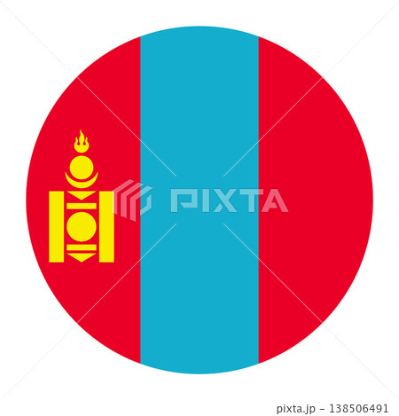 Mongolia national flag in a circular shape, featuring vertical stripes of red, blue, and red with the golden Soyombo symbol on the left. 138506491