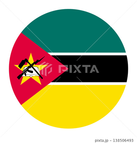 Mozambique flag in a circular shape, featuring horizontal stripes of green, black, and yellow with thin white borders, and a red triangle with a yellow star, AK-47, hoe, and book. Mozambique flag in a circular shape, featuring horizontal stripes of green, black, and yellow with thin white borders, and a red triangle with a yellow star, AK-47, hoe, and book. 138506493