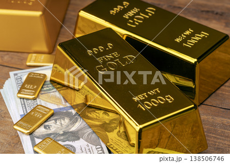 Fine Gold Bullion Bars 100g Ingots with American Dollar Cash Money - Wealth and Investment Portfolio 138506746