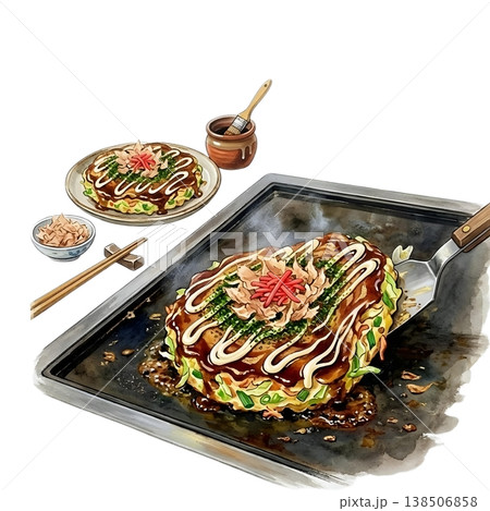 日本画風に描いた、鉄板で焼くお好み焼きのイラスト 138506858