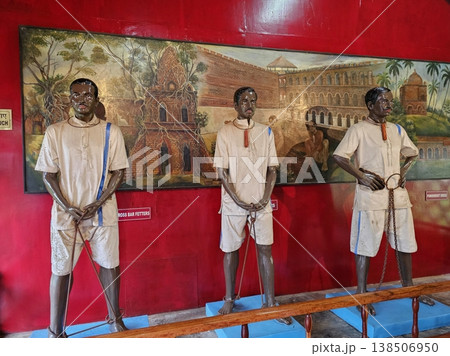 Andaman and Nicobar Islands, 29th May 2024 Museum exhibit at Cellular Jail portraying the harsh conditions and shackled prisoners during the British colonial era in Port Blair. Andaman and Nicobar Islands, 29th May 2024 Museum exhibit at Cellular Jail portraying the harsh conditions and shackled prisoners during the British colonial era in Port Blair. 138506950