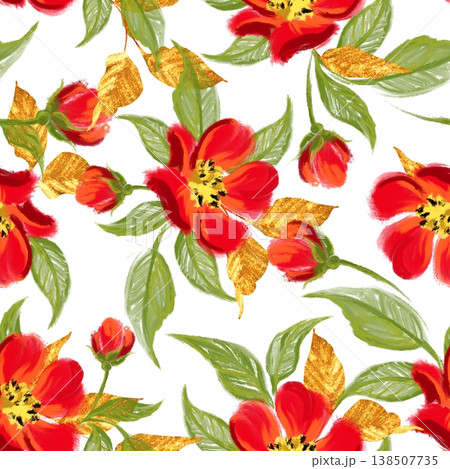 Seamless pattern with bright red flowers and golden leaves on white background. Hand drawn illustration with gold foil elements. Seamless pattern with bright red flowers and golden leaves on white background. Hand drawn illustration with gold foil elements. 138507735