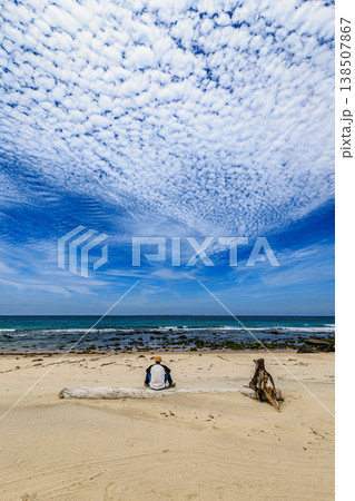 青い海と鱗雲の広がる空、砂浜に座る人物の後ろ姿 138507867