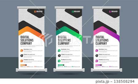 Modern creative corporate business roll up standee or x banner design layout template. Modern design for vertical rollup, pull up, flag-banner, exhibition display, x-stand design. 138508294