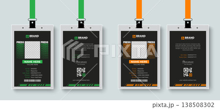 Modern and professional press reporter id card or identity card design layout with green and orange color. Modern identification card, staff card. 138508302