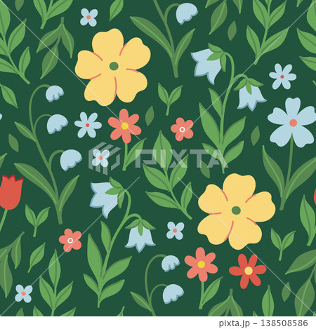 Seamless pattern with flowers on a green background. Vector graphics. 138508586