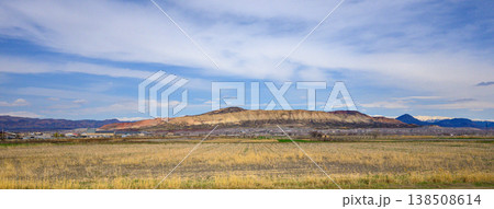 Desert plain with dry grass under bright sky 138508614