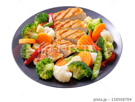 plate of grilled chicken and mix of steamed vegetables isolated on white background plate of grilled chicken and mix of steamed vegetables isolated on white background 138508704