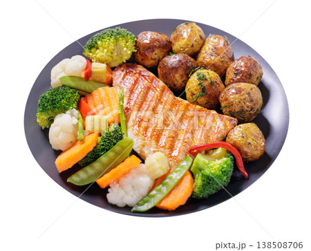 plate of grilled chicken with steamed vegetables and baked potatoes isolated on white background plate of grilled chicken with steamed vegetables and baked potatoes isolated on white background 138508706