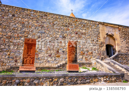 Stone monastery facade with carved stone crosses and stairs Stone monastery facade with carved stone crosses and stairs 138508793