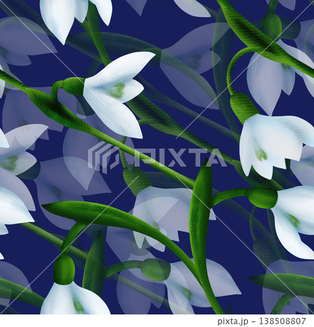 White snowdrops, green branches. Seamless floral botanical pattern. Digital watercolor hand drawn 138508807