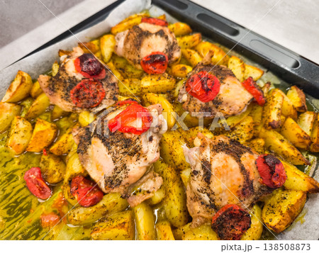 Delicious roasted chicken with potatoes and tomatoes baking on a tray Delicious roasted chicken with potatoes and tomatoes baking on a tray 138508873