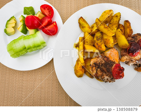 Seasoned chicken with roasted potatoes and fresh vegetables promoting healthy eating habits 138508879