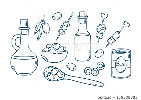 Big vector set of olives, olive oil and canapes, simple icons in doodle and sketch style with Mediterranean blue line. Hand-drawn collection for food menus or Mediterranean branding Big vector set of olives, olive oil and canapes, simple icons in doodle and sketch style with Mediterranean blue line. Hand-drawn collection for food menus or Mediterranean branding 138508883