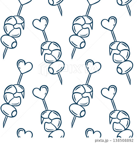 Doodle style seamless pattern with olive canapes with shrimp and Mediterranean blue outlines. Clean hand-drawn vector repeat for catering branding or Mediterranean recipe cards 138508892