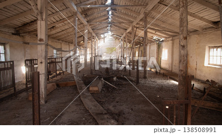 Sunbeams Cutting Through Stable Ruin Walkway, Scattered Planks And Broken Dividers, Warm Dust Columns And Mottled Light, Sense Of Emptiness And Memory, Slow Decay And Soft Textures In Rural Sunbeams Cutting Through Stable Ruin Walkway, Scattered Planks And Broken Dividers, Warm Dust Columns And Mottled Light, Sense Of Emptiness And Memory, Slow Decay And Soft Textures In Rural 138508991