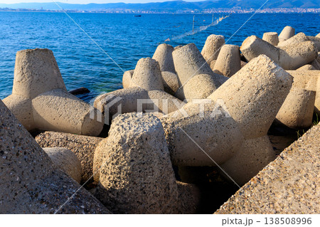 Concrete breakwaters at the coast of the Black sea. Protection for the shore structure against high waves 138508996