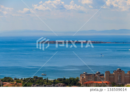 Aerial view of Sveti Vlas resort, Nessebar peninsula and the Black Sea in Bulgaria 138509014