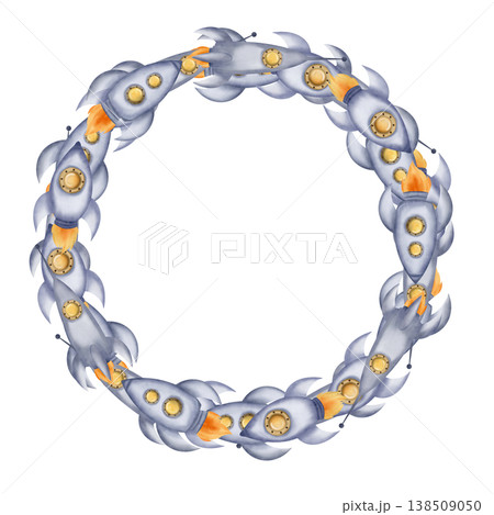 Round frame, wreath of space rockets, spaceships. Digital watercolor illustration. Cute for the kids design 138509050
