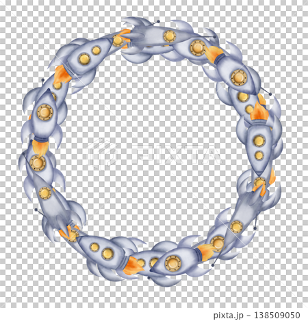 Round frame, wreath of space rockets, spaceships. Digital watercolor illustration. Cute for the kids design 138509050
