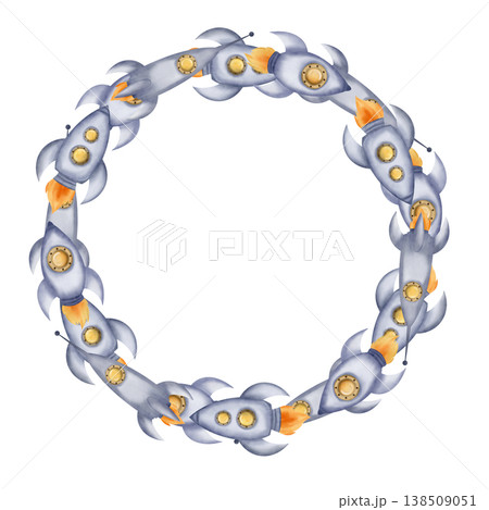 Round frame, wreath of space rockets, spaceships. Digital watercolor illustration. Cute for the kids design Round frame, wreath of space rockets, spaceships. Digital watercolor illustration. Cute for the kids design 138509051