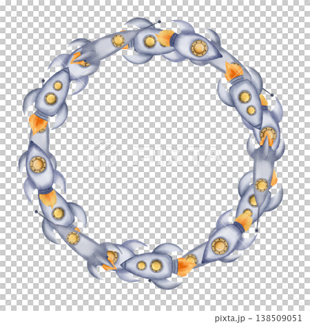 Round frame, wreath of space rockets, spaceships. Digital watercolor illustration. Cute for the kids design Round frame, wreath of space rockets, spaceships. Digital watercolor illustration. Cute for the kids design 138509051