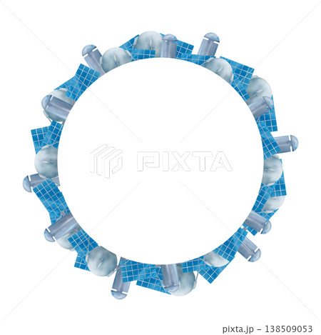 Round frame, wreath of blue and gray space satellites Round frame, wreath of blue and gray space satellites 138509053