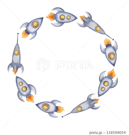 Round frame, wreath of space rockets, spaceships Round frame, wreath of space rockets, spaceships 138509054