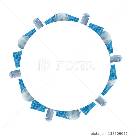 Round frame, wreath of blue and gray space satellites. Digital watercolor illustration. Cute for the kids design 138509055