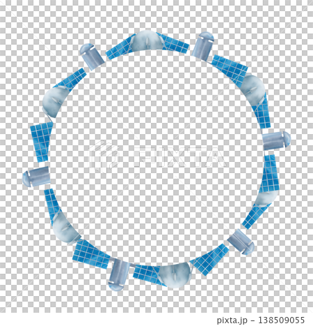 Round frame, wreath of blue and gray space satellites. Digital watercolor illustration. Cute for the kids design 138509055