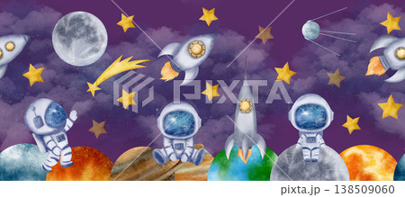 Lilac sky, clouds, stars, Moon, astronauts, cosmonauts, spaceship, spacerocket, planets make up this space of seamless border Lilac sky, clouds, stars, Moon, astronauts, cosmonauts, spaceship, spacerocket, planets make up this space of seamless border 138509060