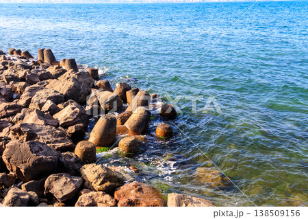 Concrete breakwaters at the coast of the Black sea. Protection for the shore structure against high waves 138509156