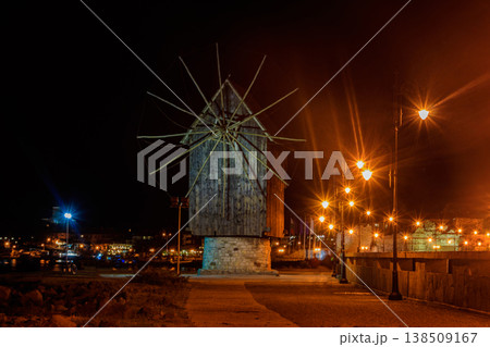 Old wooden windmill in the old town of Nessebar, Bulgaria at night 138509167