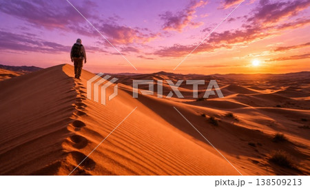 Lone traveler walking on sand dunes in desert at colorful sunset Lone traveler walking on sand dunes in desert at colorful sunset 138509213