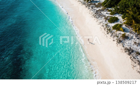 Aerial view of tropical beach with turquoise water and white sand coastline 138509217