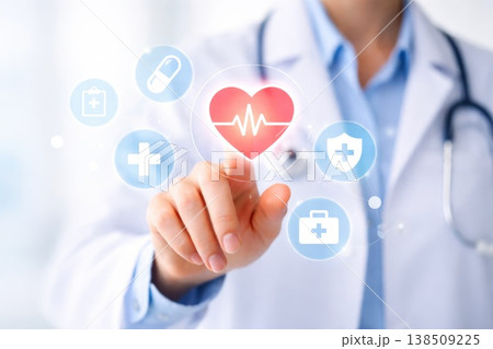Doctor touching digital heart health interface with medical icons and technology Doctor touching digital heart health interface with medical icons and technology 138509225