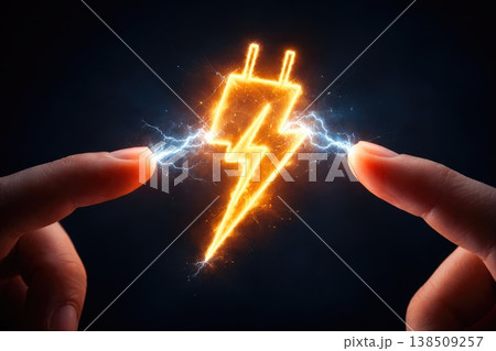 Glowing electric lightning symbol between fingers representing energy and power 138509257