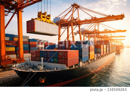 Cargo container ship loading at industrial port with cranes logistics and global trade concept 138509263