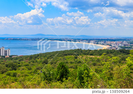 Aerial view of bay of sea resorts Sveti Vlas, Sunny Beach and Nessebar on the Black Sea coast in Bulgaria Aerial view of bay of sea resorts Sveti Vlas, Sunny Beach and Nessebar on the Black Sea coast in Bulgaria 138509264