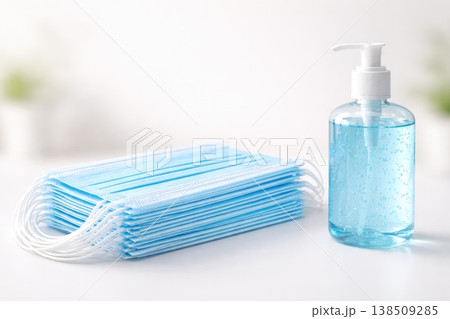 Stack of medical face masks and hand sanitizer bottle for hygiene and virus protection 138509285