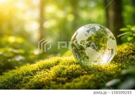 Glass globe on green moss symbolizing environmental sustainability 138509293