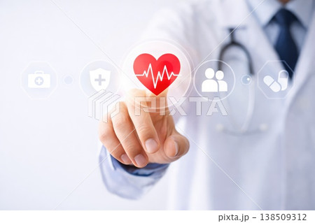 Doctor touching virtual heart icon representing healthcare and medical technology 138509312