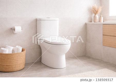 Modern clean bathroom interior with toilet minimalist design and neutral tones Modern clean bathroom interior with toilet minimalist design and neutral tones 138509317