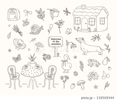 Hand drawn cottagecore meadow scene with rustic house, animals, tea table, flowers, mushrooms and berries. Cozy countryside vector set for cards, prints, stickers, nursery and summer decor. 138509344