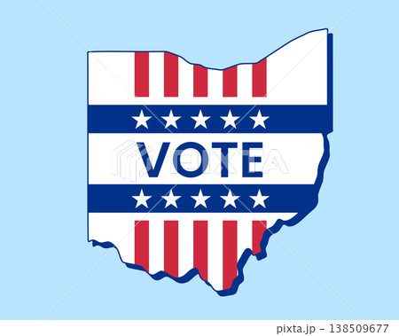 Ohio state map filled with U.S. flag stars and stripes, bold Vote text overlay. Patriotic election concept symbolizing democracy, civic duty, and American pride. Ohio state map filled with U.S. flag stars and stripes, bold Vote text overlay. Patriotic election concept symbolizing democracy, civic duty, and American pride. 138509677