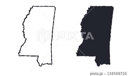 Mississippi USA state map silhouette and outline map. Vector shapes of us state, isolated on white. Perfect for infographics, geography design, education, and maps. 138509720