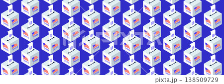 Isometric ballot boxes with completed bulletins and check marks. Pattern of boxes for US elections, voting concept, civic duty, election background, vector illustration. Isometric ballot boxes with completed bulletins and check marks. Pattern of boxes for US elections, voting concept, civic duty, election background, vector illustration. 138509729