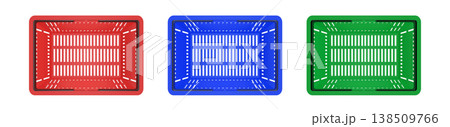 Empty plastic shopping basket. Red, blue and green store empty basket. Supermarket shopping cart. Top view. 138509766