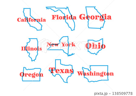 Retro-style set of US state map silhouettes with the state name above each. Clean, bold shapes with vintage flair. Perfect for posters, infographics, educational designs, travel themes. Retro-style set of US state map silhouettes with the state name above each. Clean, bold shapes with vintage flair. Perfect for posters, infographics, educational designs, travel themes. 138509778