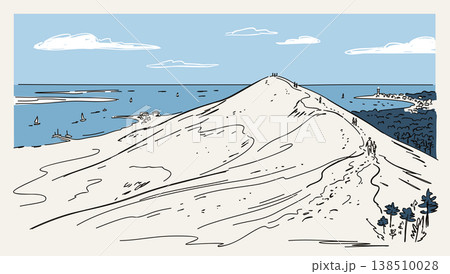 Pilat dune. Huge sand dune in France. Region Bordeaux. Vector hand-drawn sketch Pilat dune. Huge sand dune in France. Region Bordeaux. Vector hand-drawn sketch 138510028